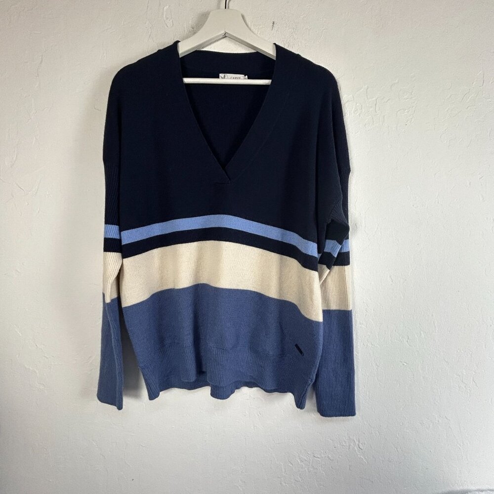Carve Designs Women's Aurora Sweater Large Navy Blue Colorblock V-Neck Pullover
